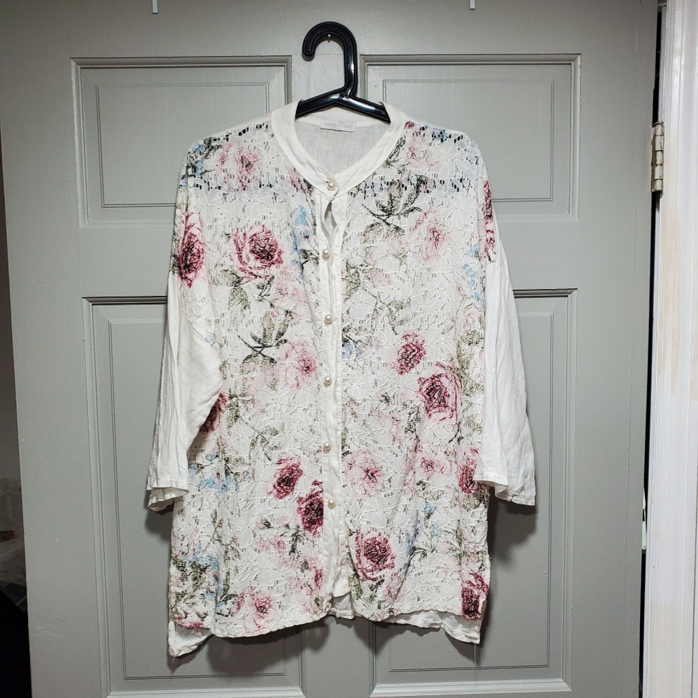 Blouse Women Size XL 3/4 sleeves pearls buttons blend linen made in italy